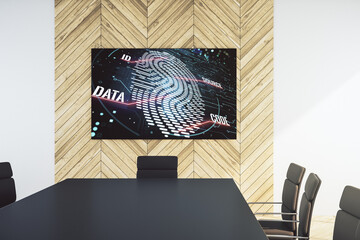 Creative fingerprint hologram on presentation tv screen in a modern meeting room, personal biometric data concept. 3D Rendering