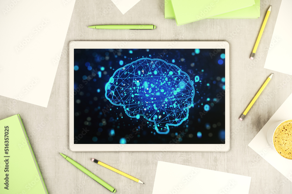 Poster creative artificial intelligence concept with human brain hologram on modern digital tablet screen. 