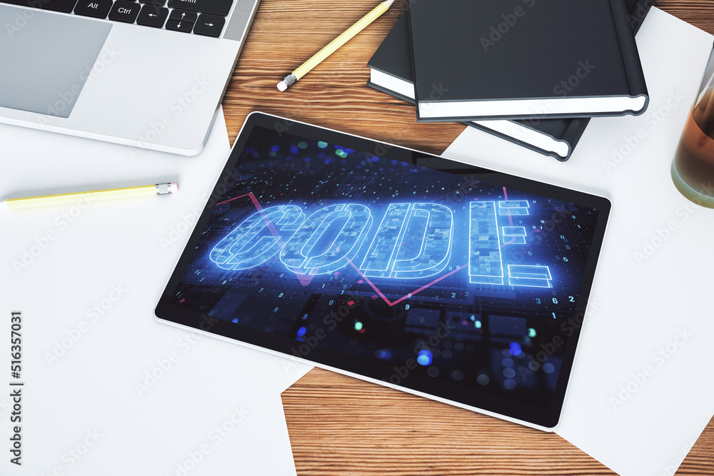 Poster creative code word sign on modern digital tablet display, international software development concept
