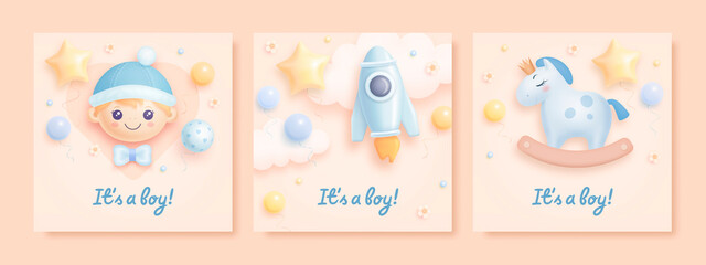 Set of baby shower invitation with cartoon boy, horse, rocket, helium balloons on beige background. It's a boy. Vector illustration