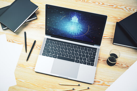 Creative idea concept with light bulb and microcircuit illustration on modern laptop screen. Neural networks and machine learning concept. 3D Rendering