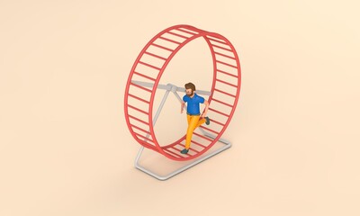Office worker running in a loop on a hamster wheel. Business rat race concept. 3D Rendering