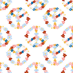 Peace symbol floral retro 70s seamless pattern. Clockwork design in the style of the seventies.