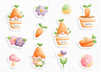 watercolor easter gnome, gnome easter sticker sheet. Vector illustration