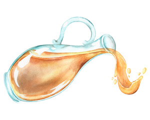 A jug from which oil flows. Watercolor vintage illustration. Isolated on a white background.