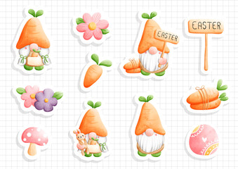 watercolor easter gnome, gnome easter sticker sheet. Vector illustration