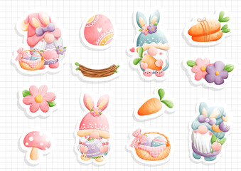 watercolor easter gnome, gnome easter sticker sheet. Vector illustration