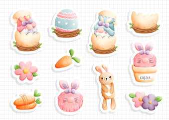 watercolor easter gnome, gnome easter sticker sheet. Vector illustration