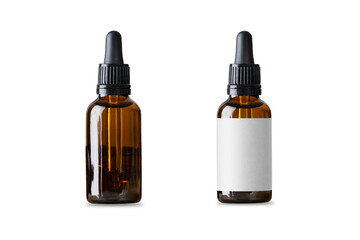 Fototapeta premium Two luxury Amber glass dropper bottle with empty label mockup isolated on white background. cosmetic or medical bottle. 3d rendering.