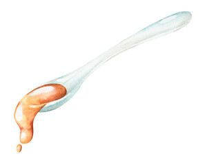 A spoon from which oil is poured. Watercolor illustration. Isolated on a white background.