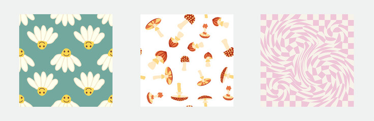 Set of retro 70s seamless pattern. Floral, swirl, mushrooms, peace symbol, camomile, smile. Clockwork design in the style of the seventies.