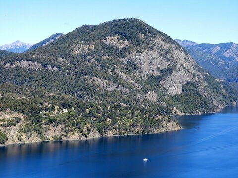 Aerial view of a beautiful lake near the mountains in San Martin de los Andes, Argentina