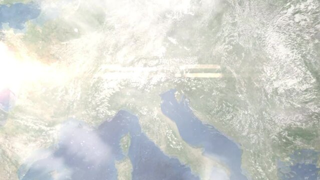 Earth zoom in from outer space to city. Zooming on Treviso, Italy. The animation continues by zoom out through clouds and atmosphere into space. Images from NASA