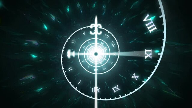 Dark Cyan Mystical Spiral Time Clock Animation with Roman Numerals
