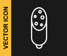 White line Salami sausage icon isolated on black background. Meat delicatessen product. Vector