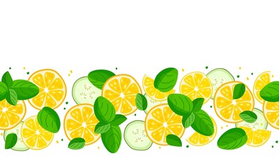 Seamless detox pattern. Citrus fruit, mint leaves, cucumber border on white background. Flat vector repeated isolated illustration For cafe menu, pack design, print design, poster, web banner,