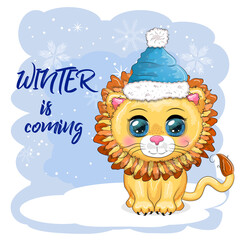Wonderful cute cartoon lion cub with a gift