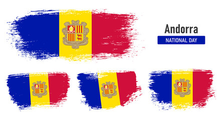 Textured collection national flag of Andorra on painted brush stroke effect with white background