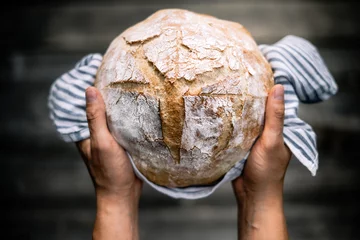Printed kitchen splashbacks Bread Traditional leavened sourdough bread in baker hands on a rustic wooden table. Healthy food photography