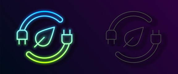 Glowing neon line Electric saving plug in leaf icon isolated on black background. Save energy electricity. Environmental protection. Bio energy. Vector