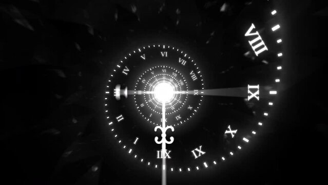 Dark Monochrome Time Spiral Infinite Clock Animation with Roman Numerals
