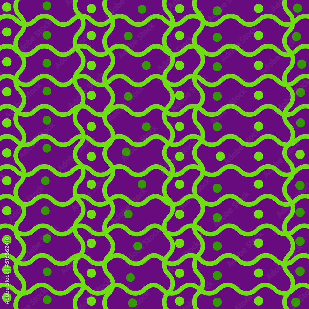 Poster seamless pattern of green dots and wavy lines on a purple background. vector