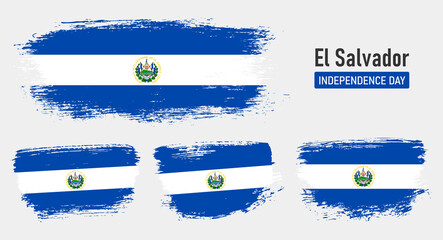 Textured collection national flag of El Salvador on painted brush stroke effect with white background