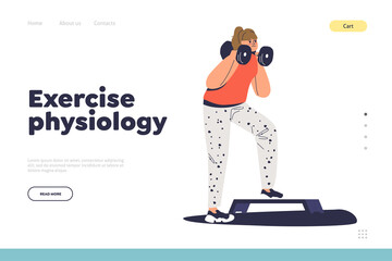 Exercise physiology concept of landing page with woman training in gym. Female workout with dumbbell