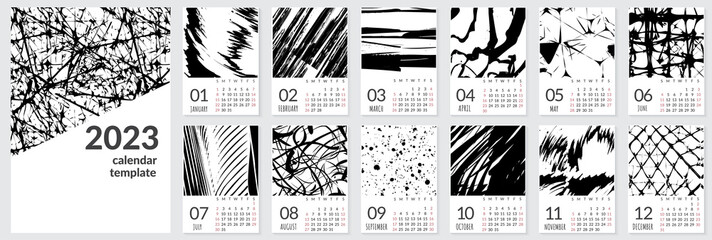 Vertical wall calendar template for 2023 year. Set of 12 months. Week starts on Sunday. Planner in minimalist style with place for photo. Vector editable corporate and business calendar page template