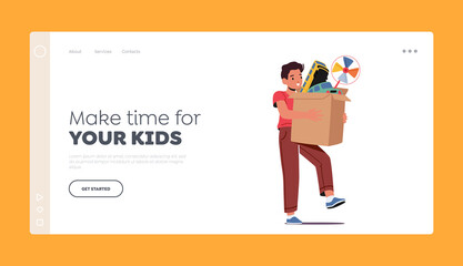Obraz premium Make Time for your Kids Landing Page Template. Little Boy Carry Box with Toys, Child with Play Things, Infant Sparetime