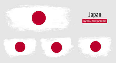 Textured collection national flag of Japan on painted brush stroke effect with white background