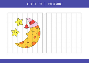 Copy the picture of cute moon in nightcap and stars. Simple educational game for kids. Vector worksheet