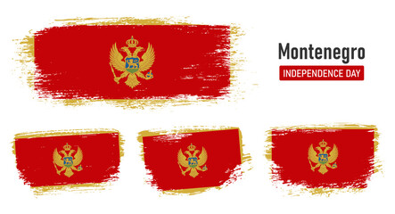Textured collection national flag of Montenegro on painted brush stroke effect with white background