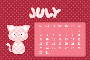 July 2023 Page for kids calendar in funny textile style with cartoon kitty. Children's horizontal wall calendar template