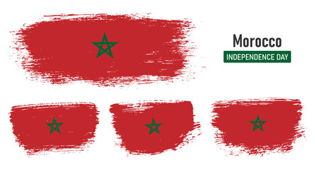 Textured collection national flag of Morocco on painted brush stroke effect with white background