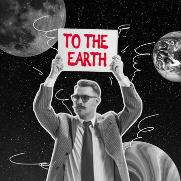 Serious Man Holding Sign Over His Head Isolated Over Dark Space With Planets Background. Concept Of Modern World, Immigration, Brain Drain, Refugees