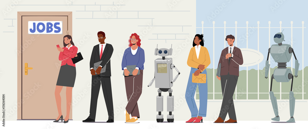 Poster robots and human waiting in lobby stand in line waiting job interview. characters at company hall, h