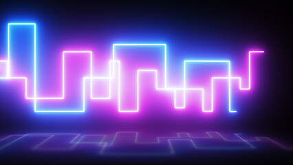 3d render, abstract panoramic background, Realistic neon pink and blue wave with reflections. neon light, laser show, impulse, equalizer chart, ultraviolet spectrum, pulse power lines,