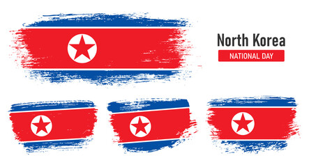 Textured collection national flag of North Korea on painted brush stroke effect with white background