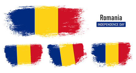 Textured collection national flag of Romania on painted brush stroke effect with white background