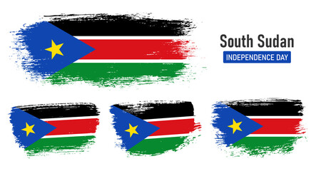 Textured collection national flag of South Sudan on painted brush stroke effect with white background