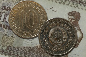 Old Socialist Federative republic of Yugoslavia dinar coin obverse and reverse - obrazy, fototapety, plakaty