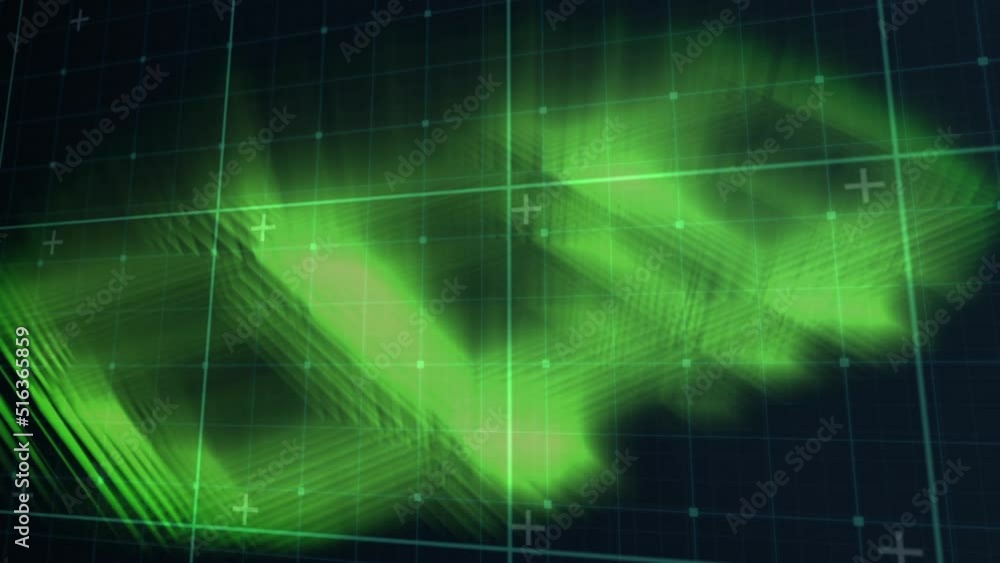 Poster animation of green grid and particles forming dna helix over processing green data on black