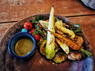 Closeup of roasted vegetables on a plate from a restaurant in San Cristobal, Chiapas, Mexico