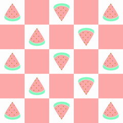 Seamless repeat watermelon pattern with a fun tropical summer concept on a white and light pink geometric square background for fabrics, textiles, or wallpaper. Vector illustration