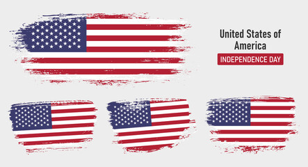 Textured collection national flag of United States of America on painted brush stroke effect with white background