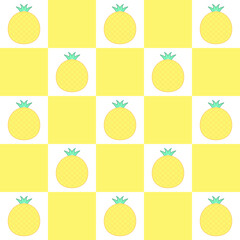 Seamless repeat pineapple pattern with a fun tropical summer concept on a white and light yellow geometric square background for fabrics, textiles, or wallpaper. Vector illustration