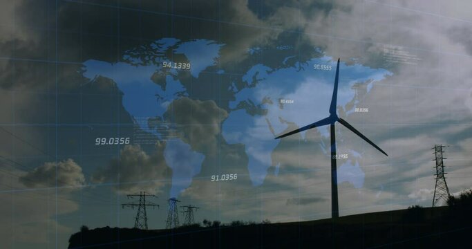Animation of american flag and globe over wind turbine and sky with clouds
