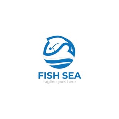 Blue round icon with fish and ocean waves