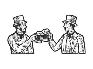 Friends gentlemen beer party cheers drinking alcohol sketch engraving raster illustration. T-shirt apparel print design. Scratch board imitation. Black and white hand drawn image.